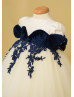 Navy Blue Velvet Lace Ivory Tulle High Low Flower Girl Dress
